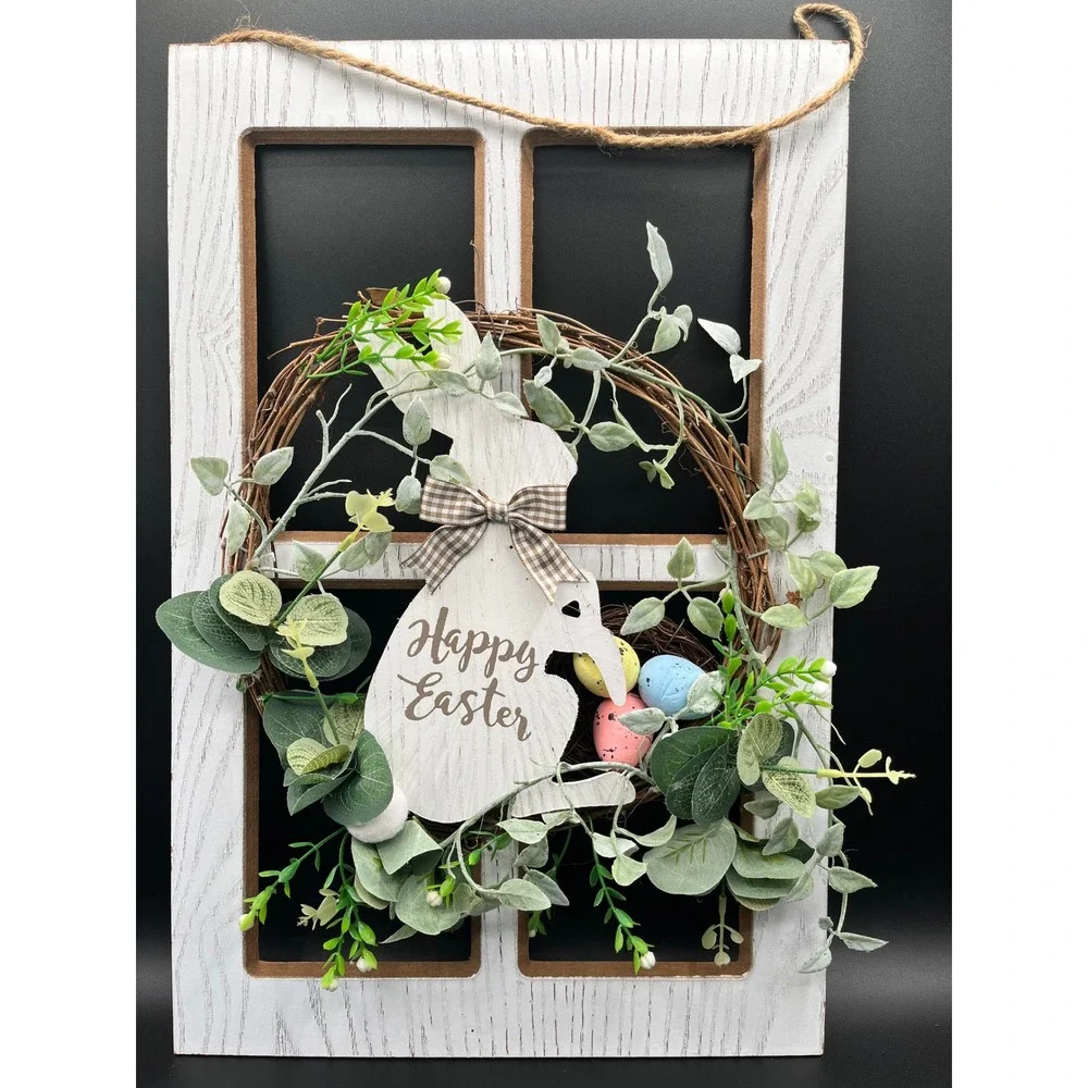 Happy Easter Farmhouse Window Pane Wall Decor Bunny Wreath Eggs Rustic 18